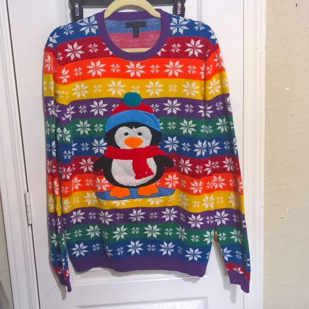 ASOS winter sweater rainbow and penguin